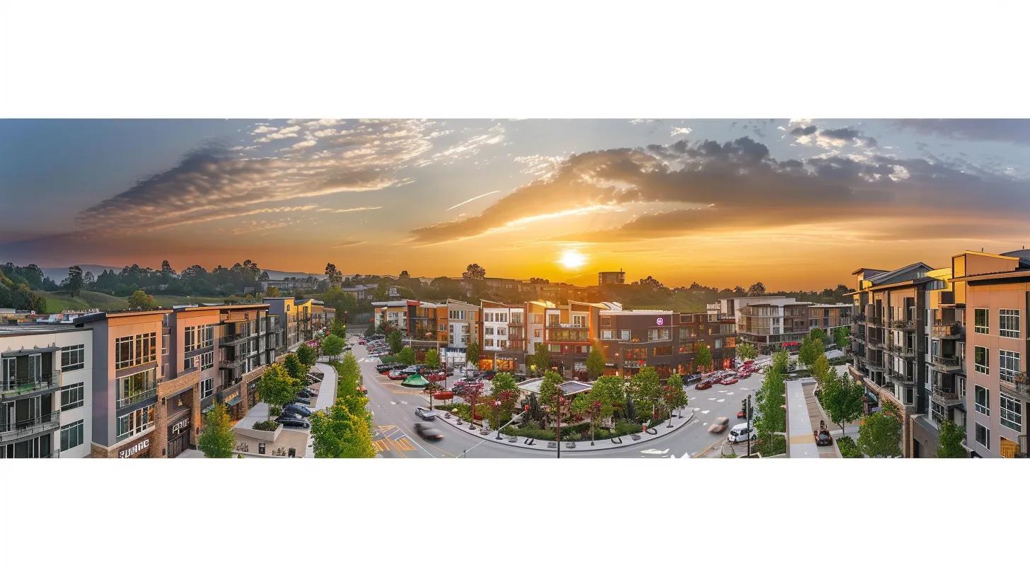 a panoramic view of a bustling urban neighborhood, featuring modern apartments and vibrant shops, contrasted against a serene rural landscape with quaint homes, symbolizing the dynamic relationship between location and property value.