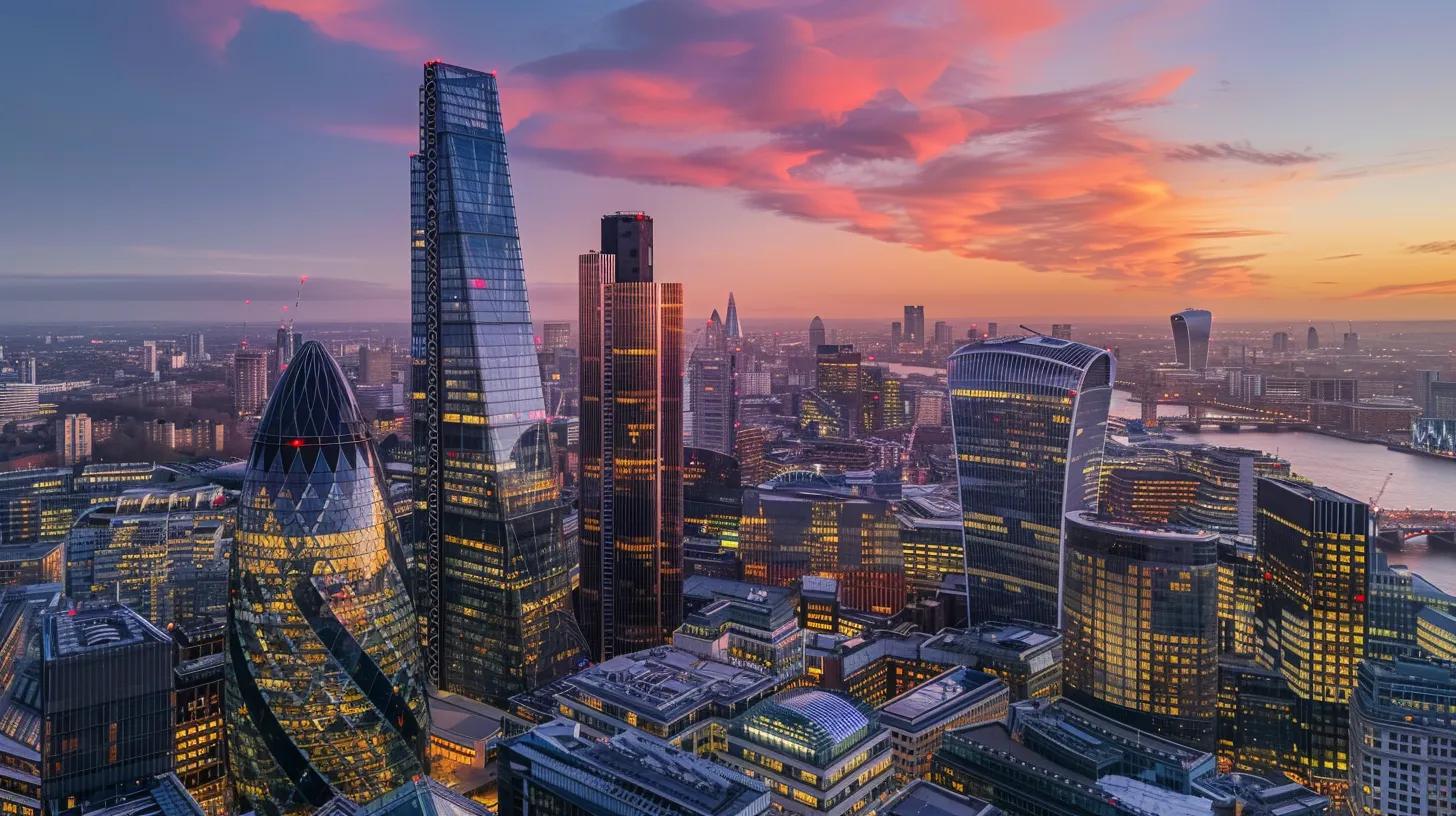 a powerful visual of a bustling city skyline at sunset, symbolizing the dynamic interplay of market and economic forces affecting investment property values, with reflections shimmering on glass buildings that evoke the potential risks and rewards of real estate investments.