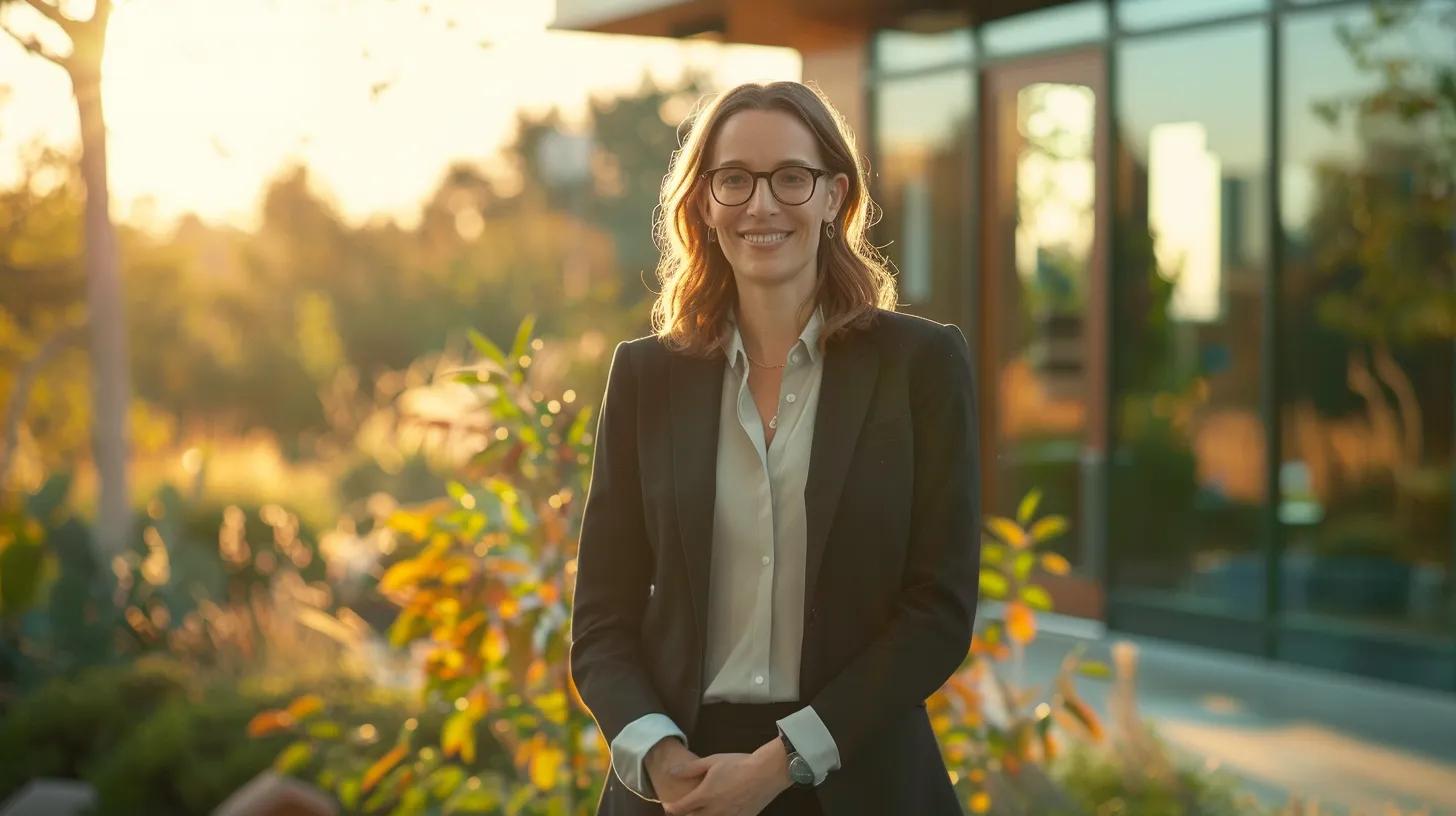 a professional real estate agent stands confidently in front of a sleek office building, surrounded by vibrant greenery, symbolizing trust and transparency in email marketing practices, illuminated by warm, natural sunlight.