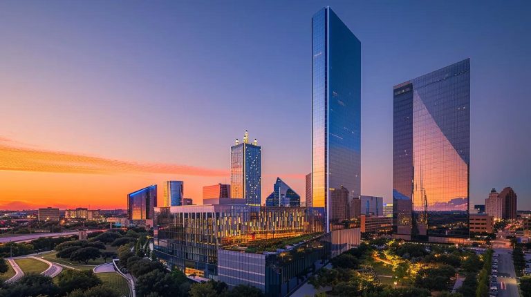 a radiant sunrise over a modern urban skyline, symbolizing real estate success and vibrant customer service, with glowing glass buildings reflecting warm light against a clear blue sky.