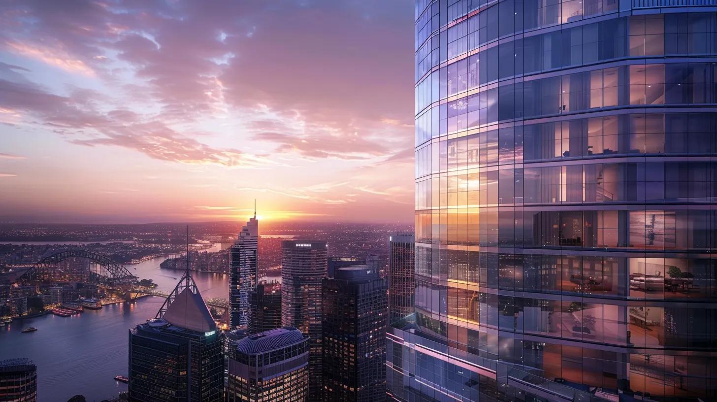 a richly detailed urban skyline at sunset, highlighting a sophisticated investment property with tax-related symbols subtly integrated into the building’s architecture, reflecting the intricate relationship between real estate and financial management.