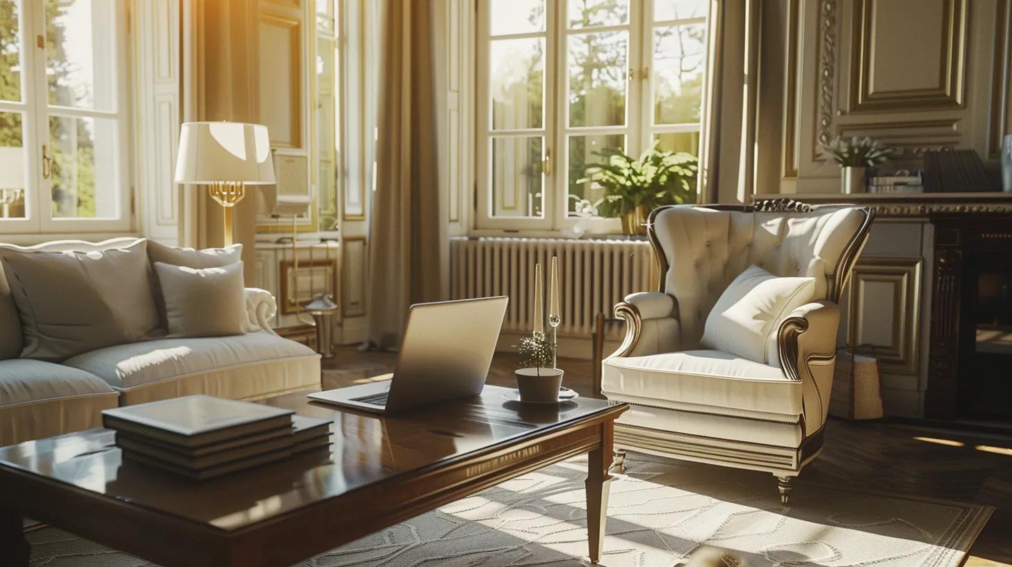 a serene, sunlit living room adorned with elegant furniture, where a laptop rests on a polished table, symbolizing the strategic planning and financial insights essential for navigating investment property tax implications.