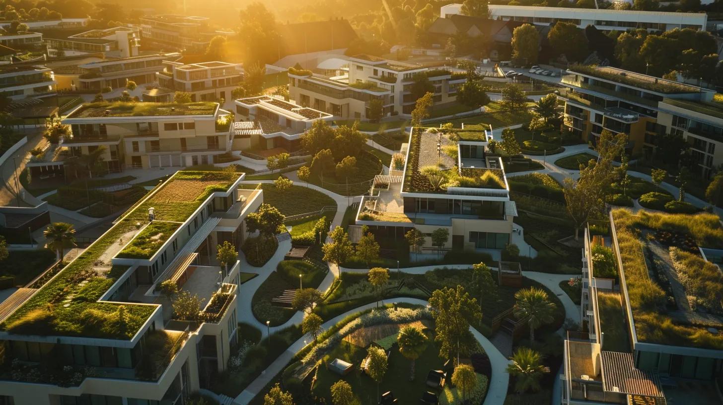 a sharp, detailed aerial view of a sustainable real estate development showcasing lush green roofs, energy-efficient buildings, and vibrant urban landscaping, illuminated by soft, warm sunset light to evoke a sense of thriving investment potential.