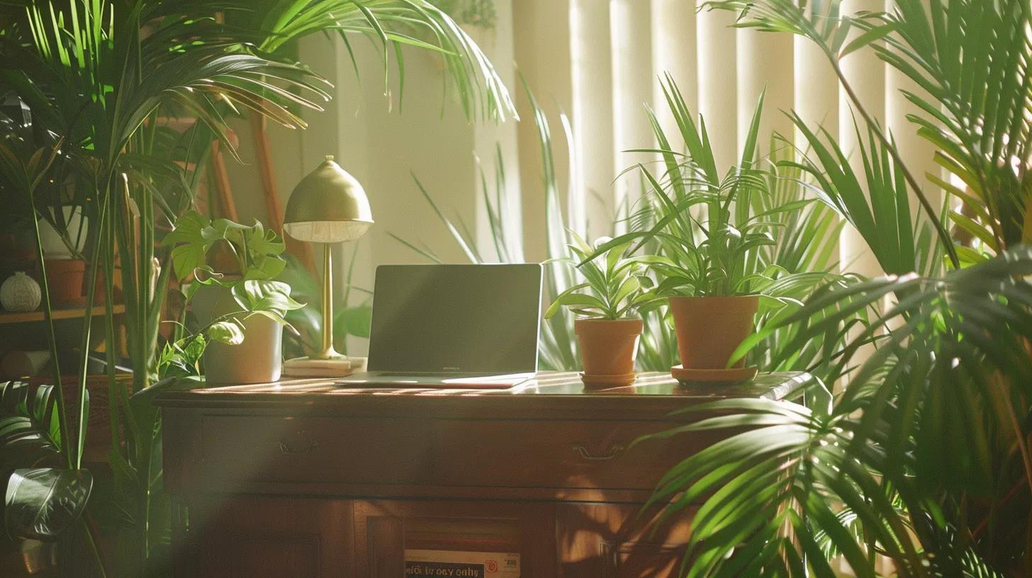 a sleek, modern home office bathed in warm natural light, featuring a stylish laptop on a minimalist desk surrounded by vibrant houseplants, symbolizing the power of real estate blogging for lead generation.