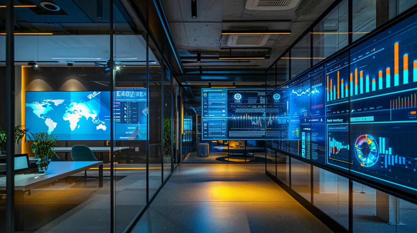 a sleek, modern office space showcases advanced digital displays of property valuation analytics, with vibrant graphs and charts illustrating market trends and cap rate manipulations under bright, focused lighting.