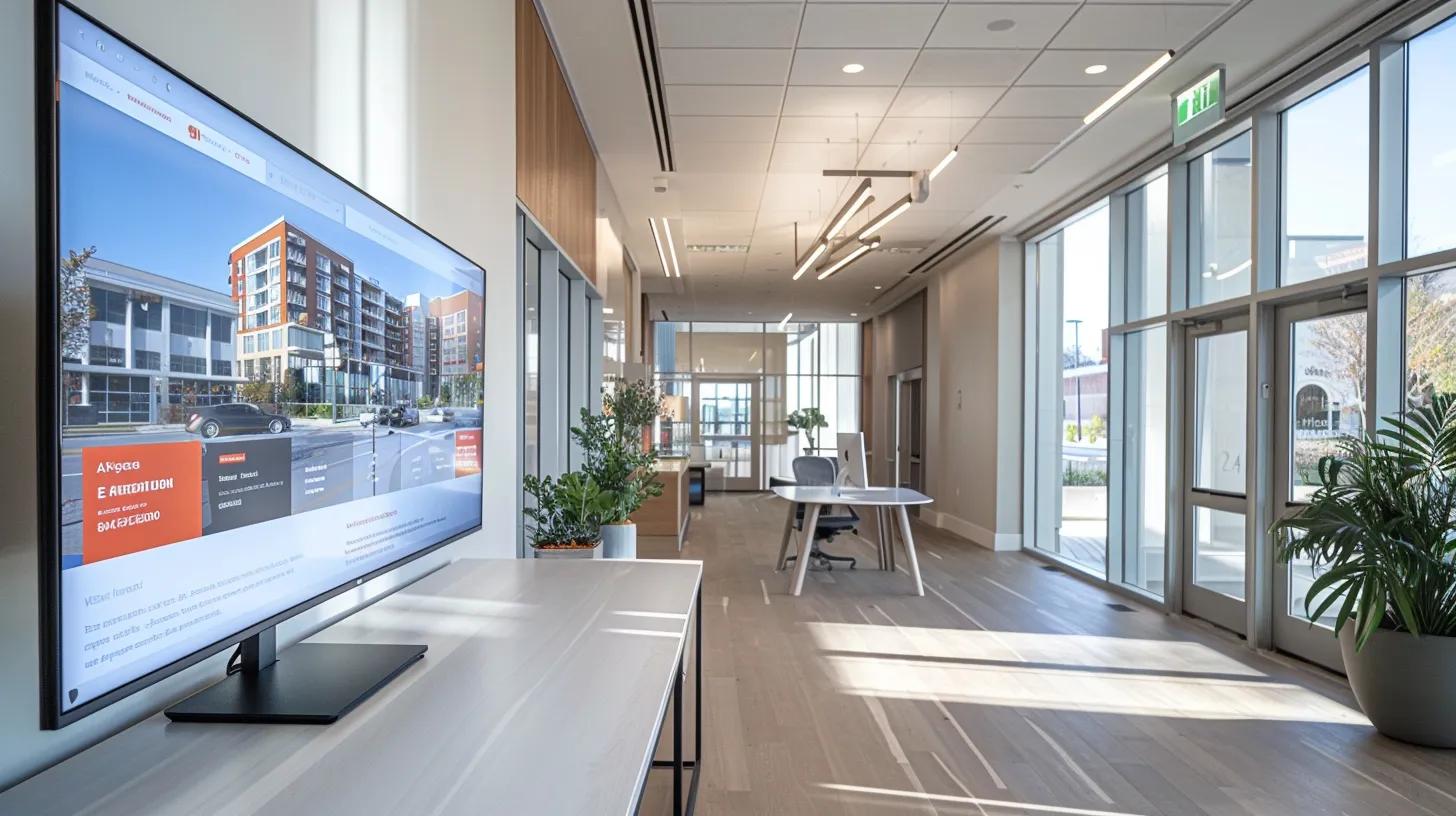 a sleek, modern office space with a vibrant real estate website displayed on a large monitor, surrounded by inspiring design elements and an atmosphere of innovation and professionalism, illuminated by soft natural light streaming through a nearby window.