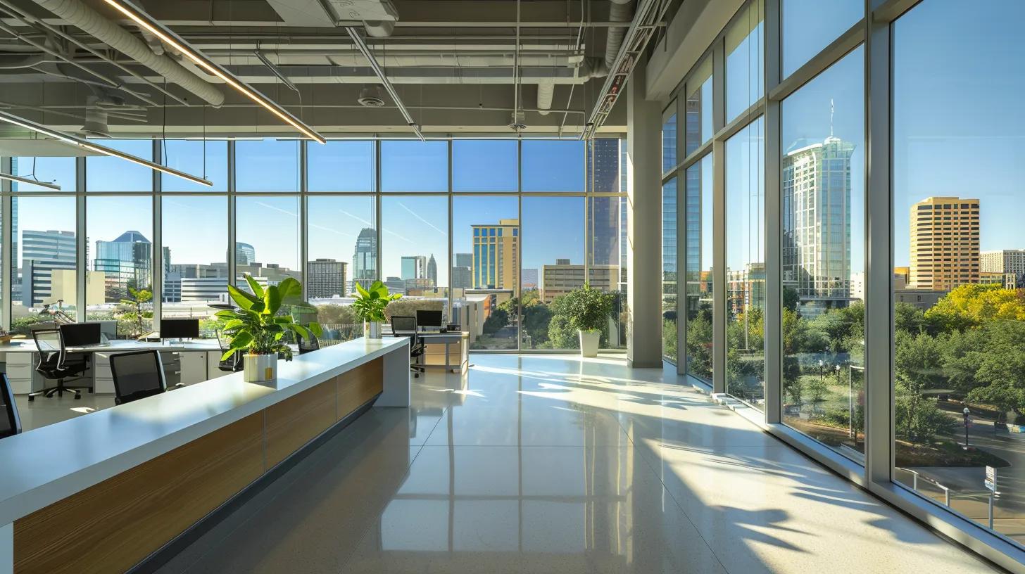 a sleek, modern office space adorned with large windows showcasing a vibrant city skyline, illuminated by warm afternoon sunlight, captures the essence of real estate investment evaluation through a strategic, analytical lens.