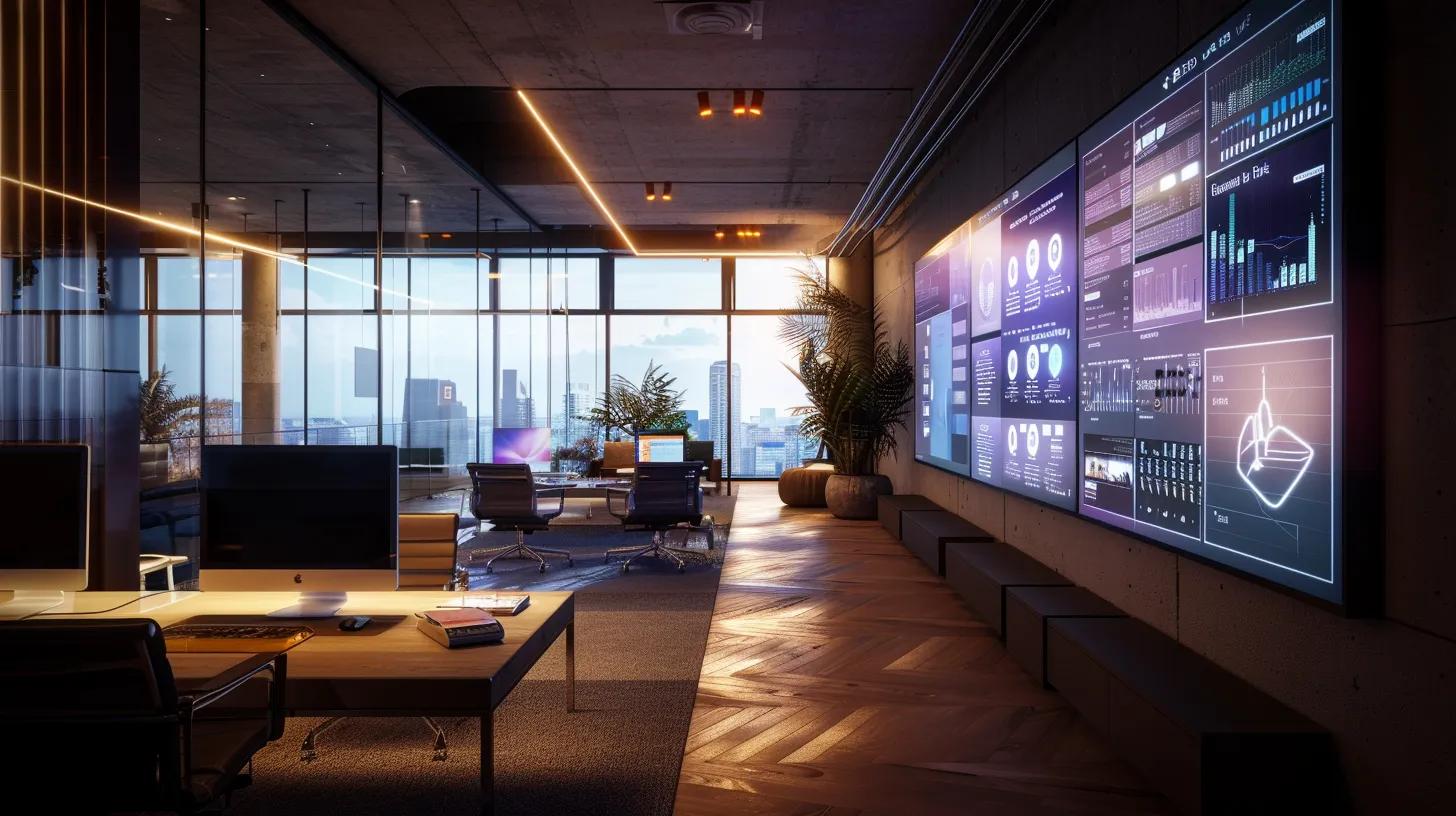 a sleek, modern office workspace filled with vibrant digital screens displaying analytics and email campaign visuals, symbolizing the powerful impact of email marketing in real estate lead generation, illuminated by soft, ambient lighting.