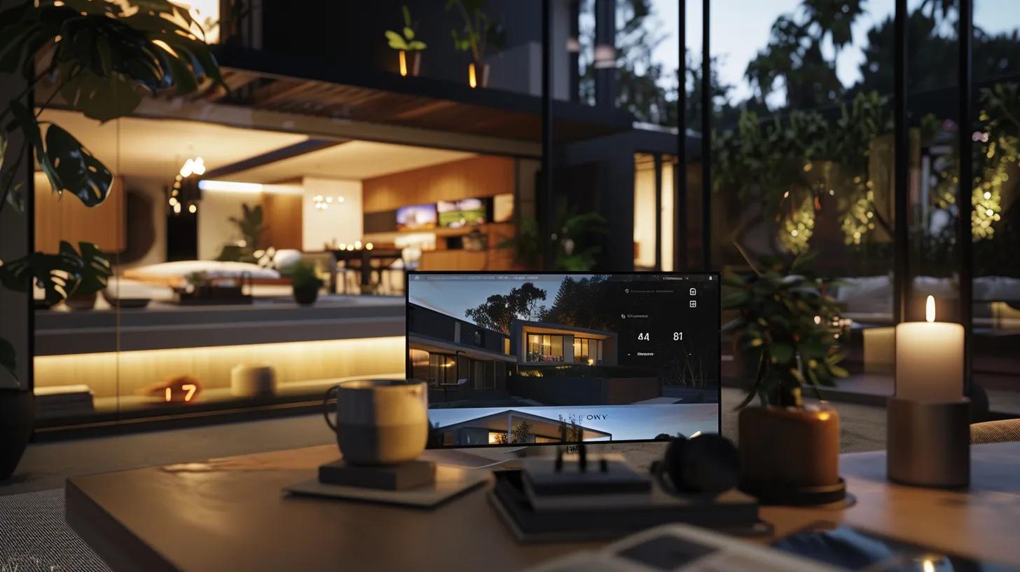 a sleek, modern real estate website displayed on a large screen, featuring vibrant interactive property listings and engaging virtual tour visuals, illuminated by soft, ambient lighting to enhance user experience and engagement.