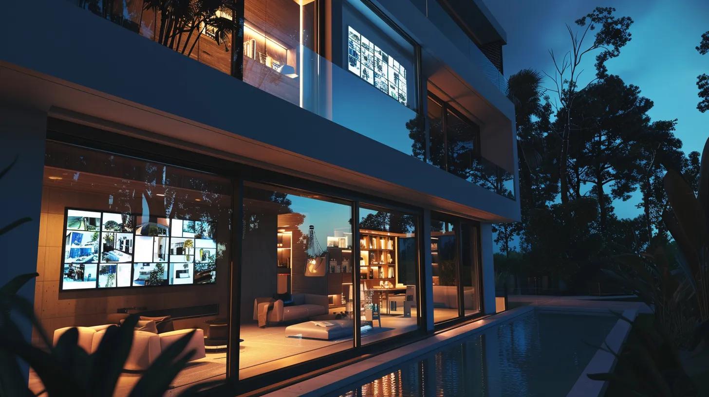 a sleek, modern real estate website interface glows on a high-resolution screen, showcasing immersive property views through augmented reality with vibrant, eco-friendly design elements, illuminated by soft, ambient lighting that emphasizes innovation and user engagement.