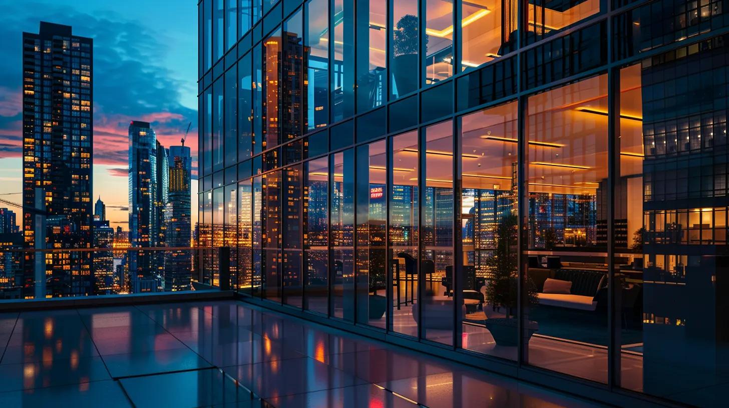 a sleek, modern real estate office with large glass windows reflecting a vibrant city skyline, illuminated by warm evening light, symbolizing a bold and authentic brand identity.