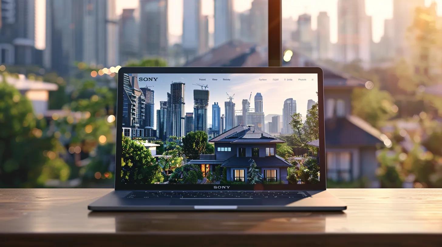 a sleek, modern real estate website interface displayed on a high-resolution laptop screen, showcasing a vibrant property listing against a backdrop of lush greenery and cityscape, illuminated by soft natural light to emphasize its user-friendly design and mobile responsiveness.