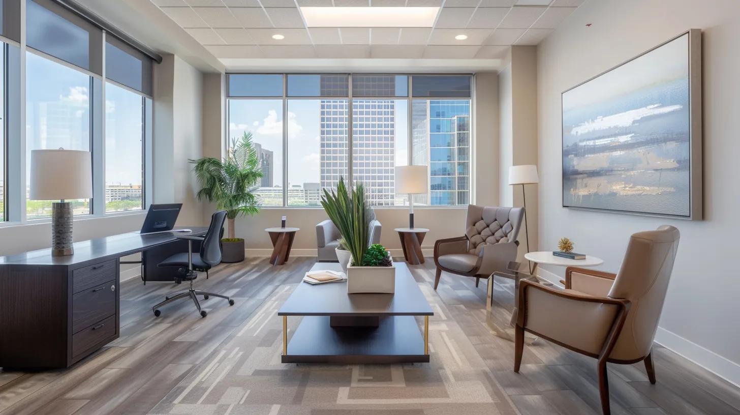 a sleek, modern real estate office with minimalistic design elements and strategically placed branding materials, illuminated by natural light flooding through large windows, exuding professionalism and trustworthiness in a competitive market.