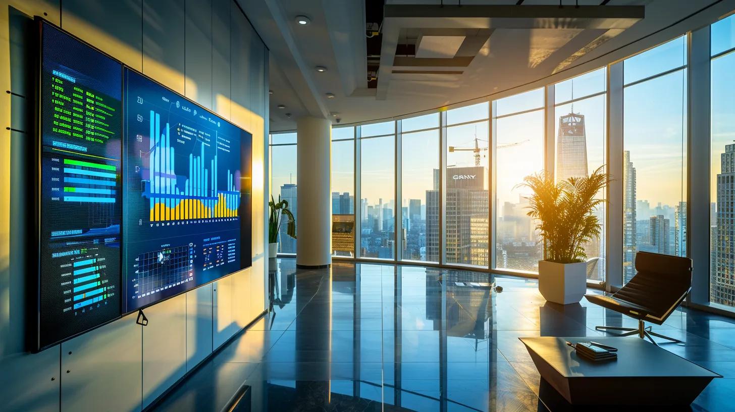 a sleek, modern real estate office with a prominent digital display showcasing vibrant graphs and charts illustrating rental yield calculations, all bathed in bright, natural light streaming through large floor-to-ceiling windows.