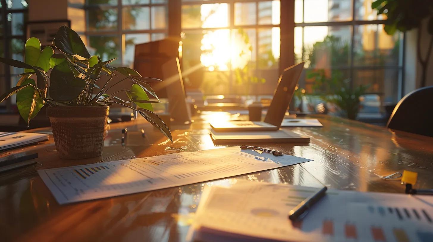 a sophisticated, sunlit office space with financial documents spread across a polished desk, emphasizing the intricate relationship between tax laws and rental income management.