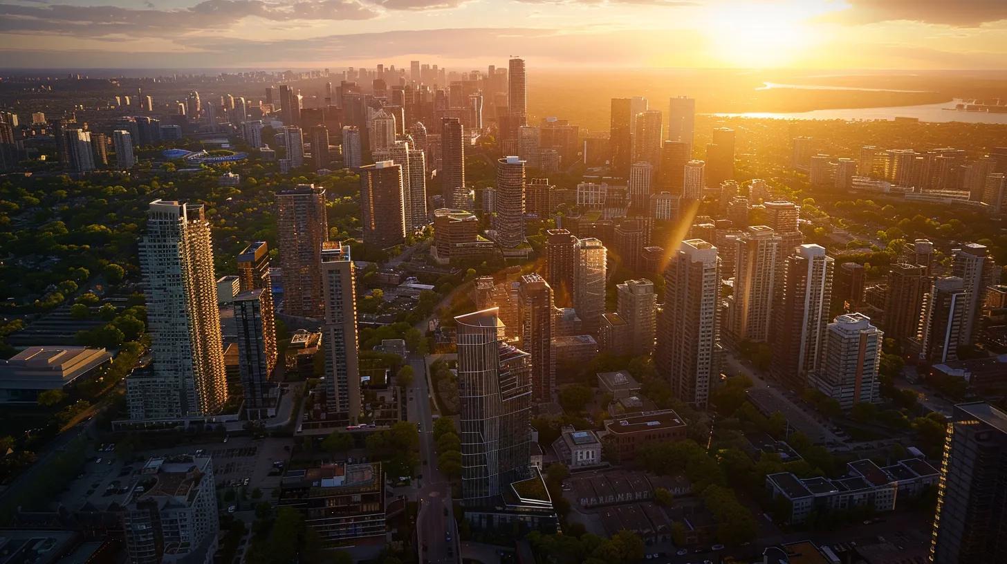 a striking aerial view of a diverse urban landscape showcasing varying investment properties, with lush greenery interspersed among modern and historic buildings, illuminated by the warm glow of a golden sunset.