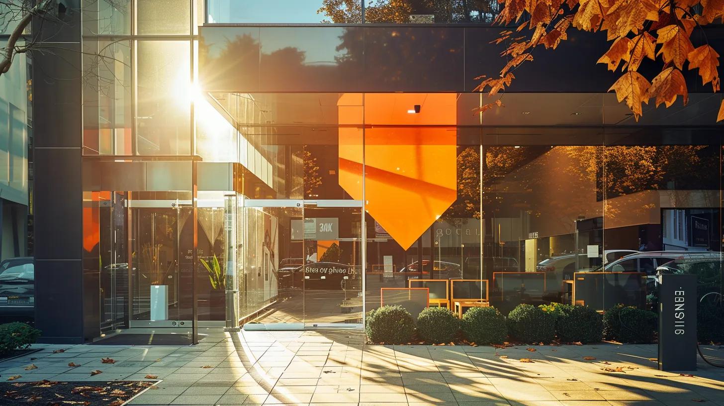 a striking image of a modern real estate office, featuring a vibrant and unique logo prominently displayed against a sleek glass facade, illuminated by warm afternoon sunlight that enhances the sophistication of the branding and invites potential clients.