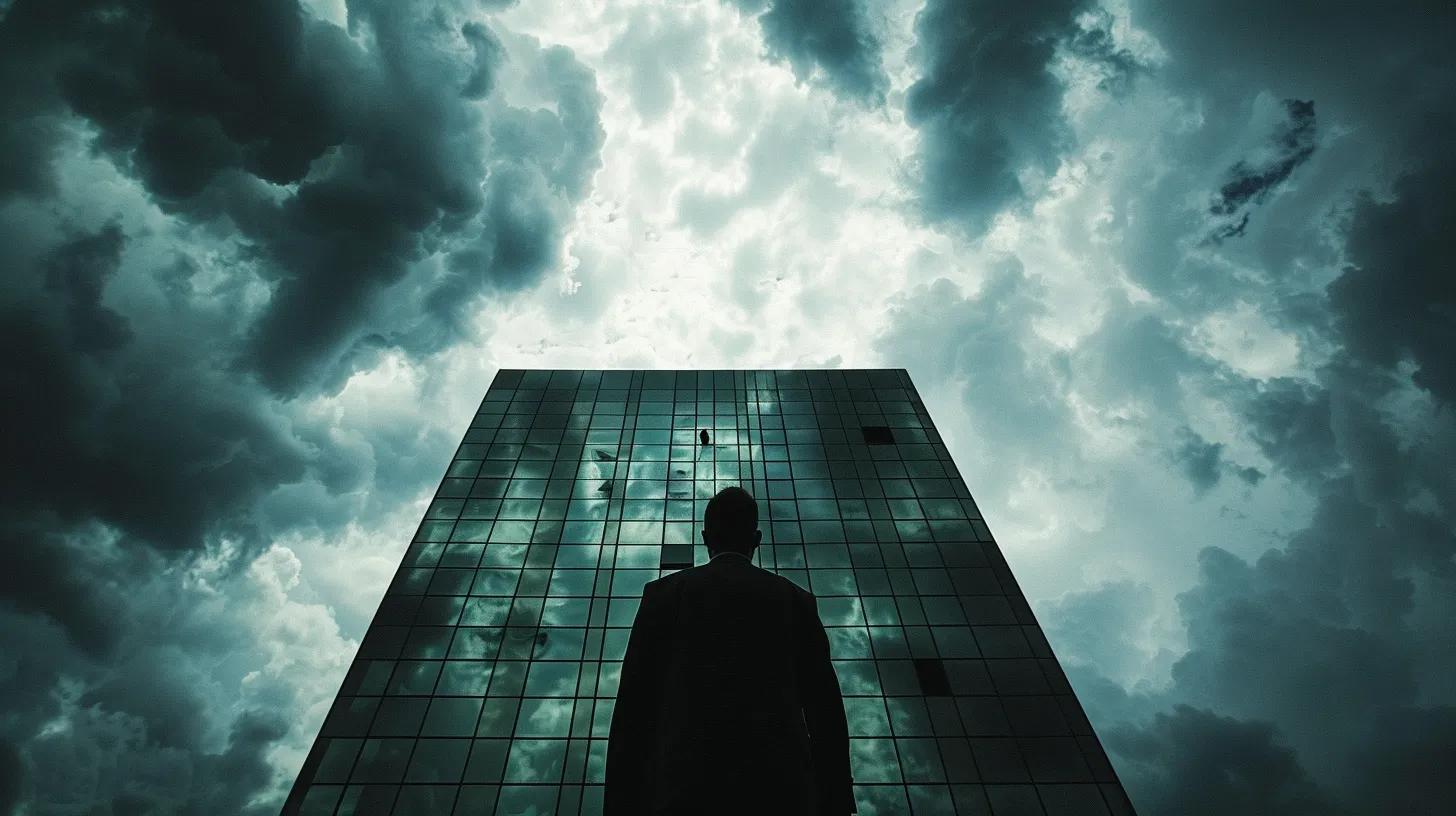 a striking visual of a shadowy figure standing before a towering tax office building, juxtaposed with ominous storm clouds overhead, symbolizing the looming consequences of failing to report rental income.