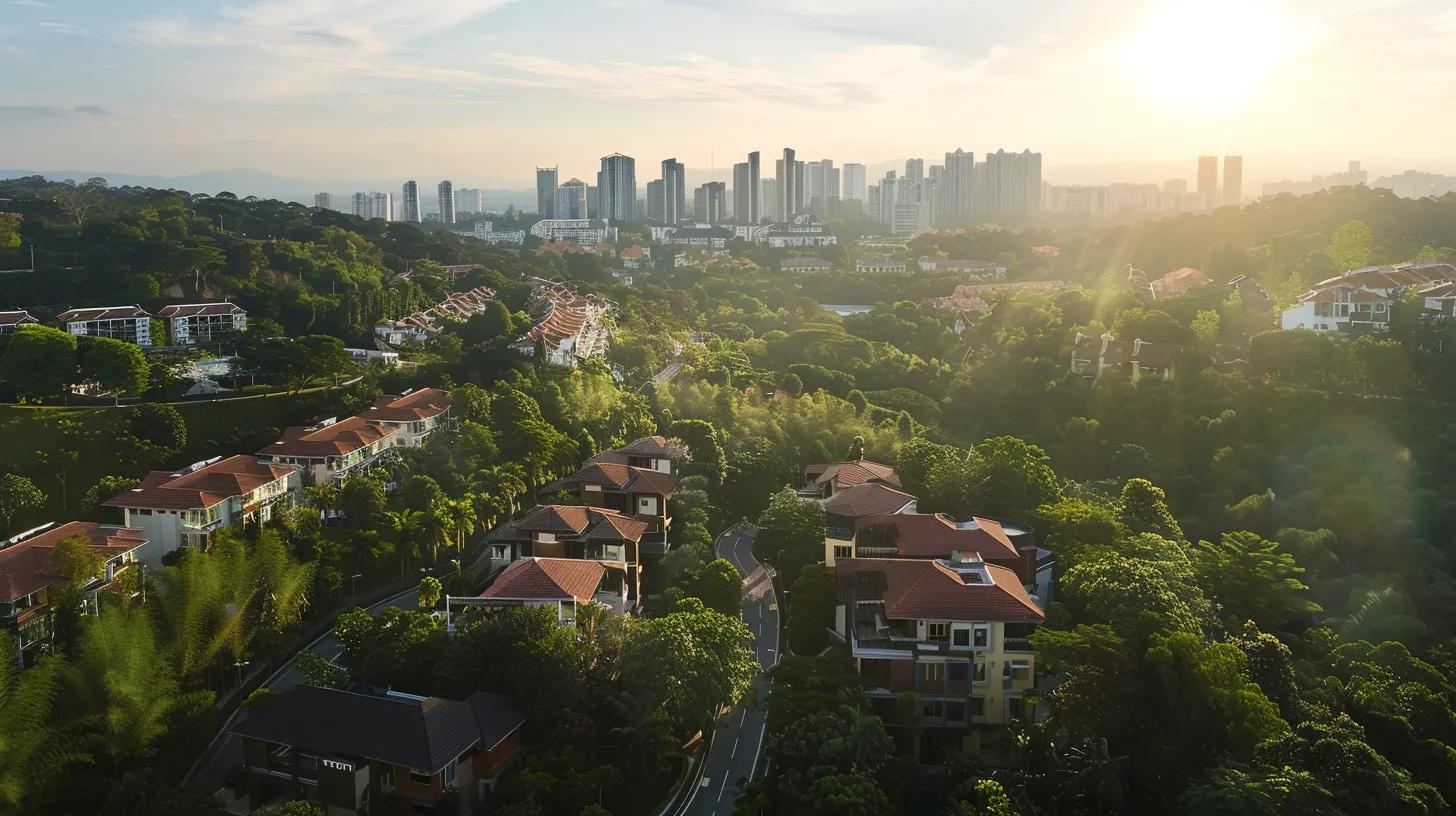 a stunning aerial view of a luxurious real estate property, showcasing its sleek modern architecture surrounded by lush greenery, under a bright, clear blue sky that emphasizes the brand's elegance and sophistication.