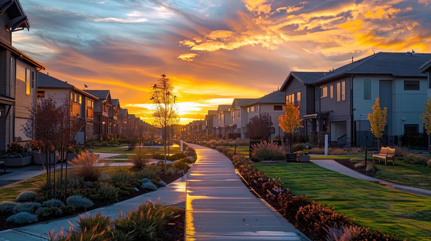 a stunning sunset casts a golden glow over a serene neighborhood, highlighting well-maintained rental properties and vibrant gardens, symbolizing the fruitful potential of effective real estate investment.