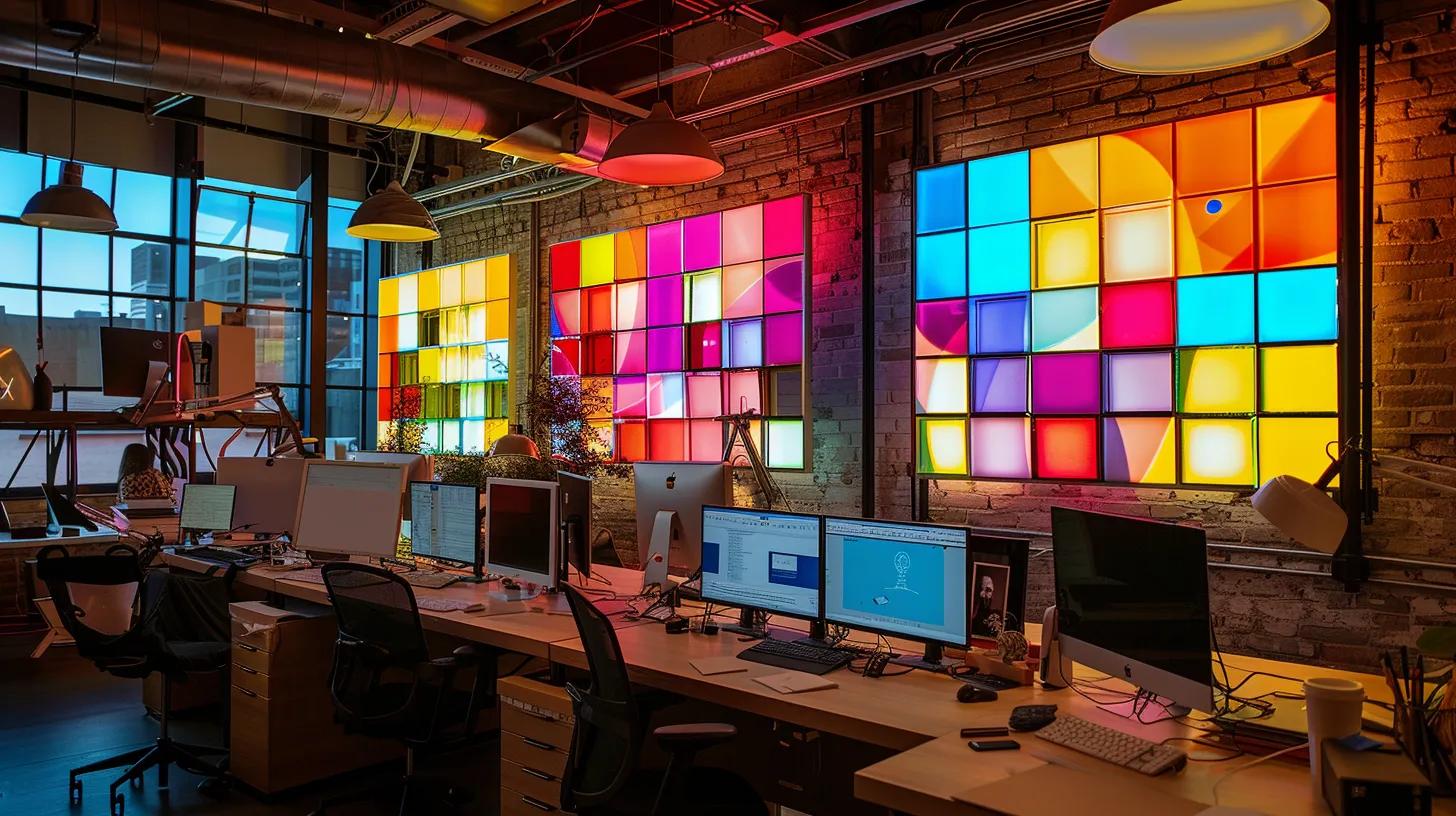 a vibrant and inviting workspace, filled with illuminated screens displaying colorful email subject lines, captures the essence of crafting engaging digital content that captivates and connects with recipients.