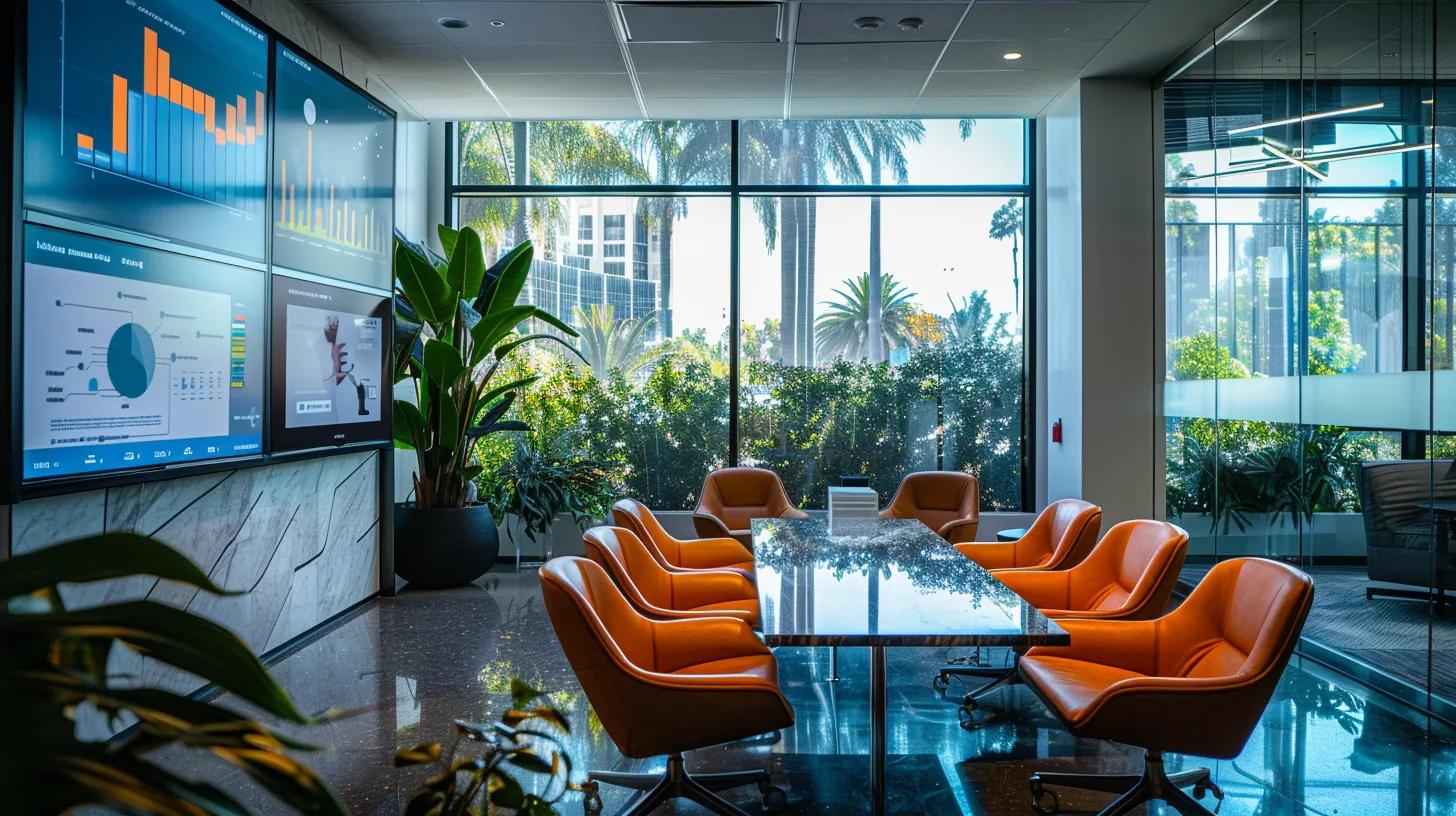 a vibrant and modern real estate office interior, illuminated by natural light, showcasing a sleek workspace adorned with trending digital marketing charts and a large screen displaying dynamic seo strategies for elevating online branding.