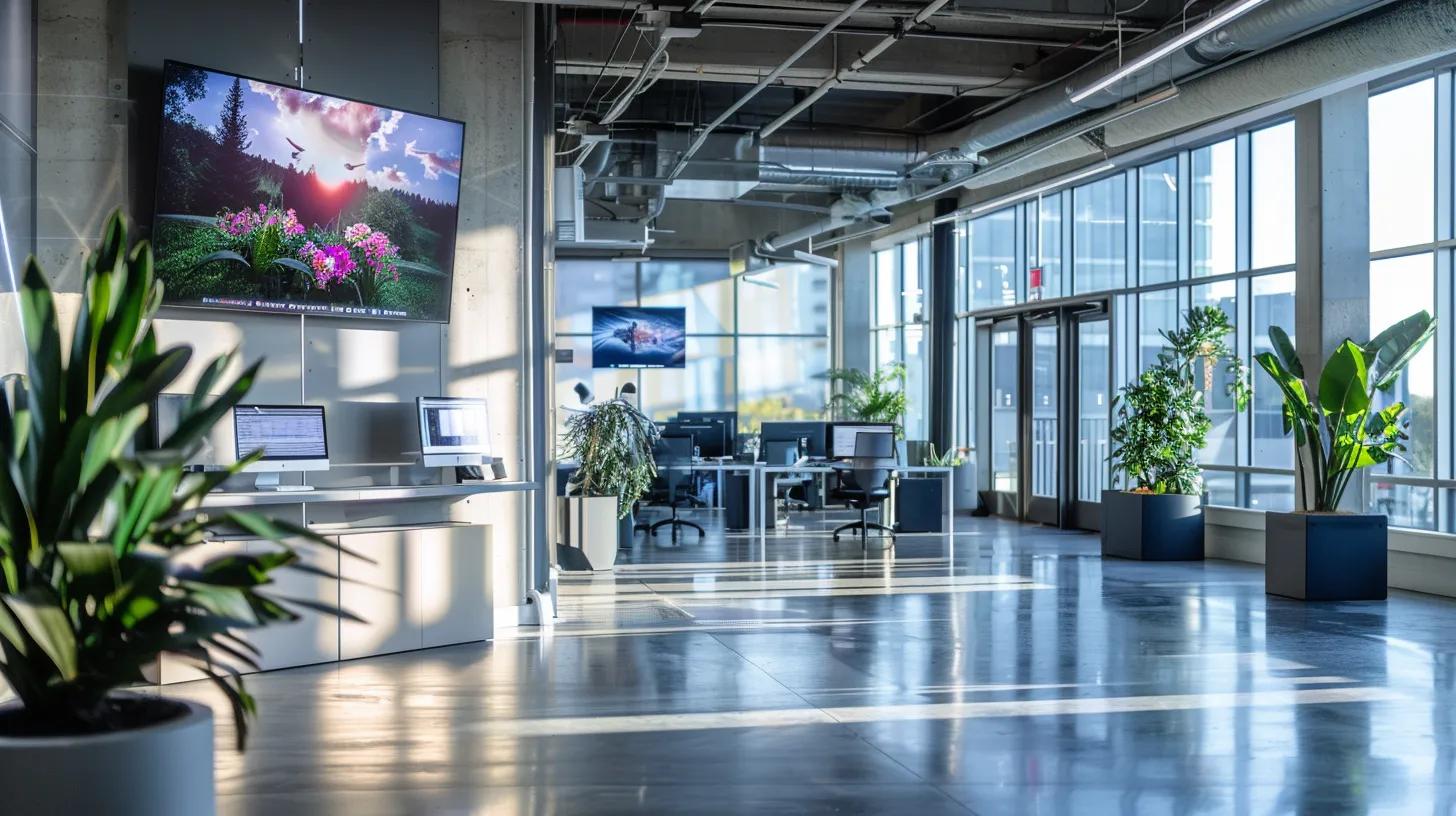 a vibrant and modern workspace filled with inspiring real estate logo designs displayed prominently on sleek digital screens, illuminated by natural light streaming through large windows, conveying creativity and professional branding.