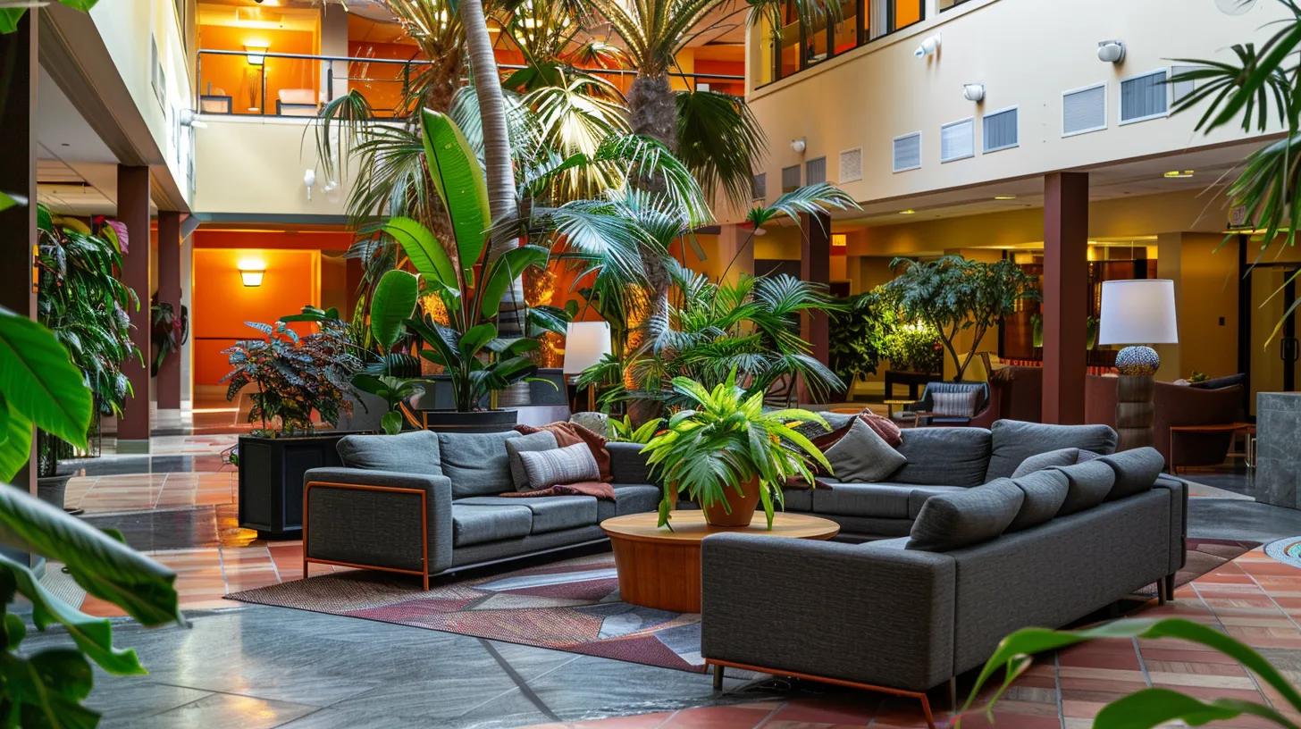 a vibrant apartment lobby with lush greenery, modern furnishings, and warm lighting, welcoming residents and embodying a sense of community and care.