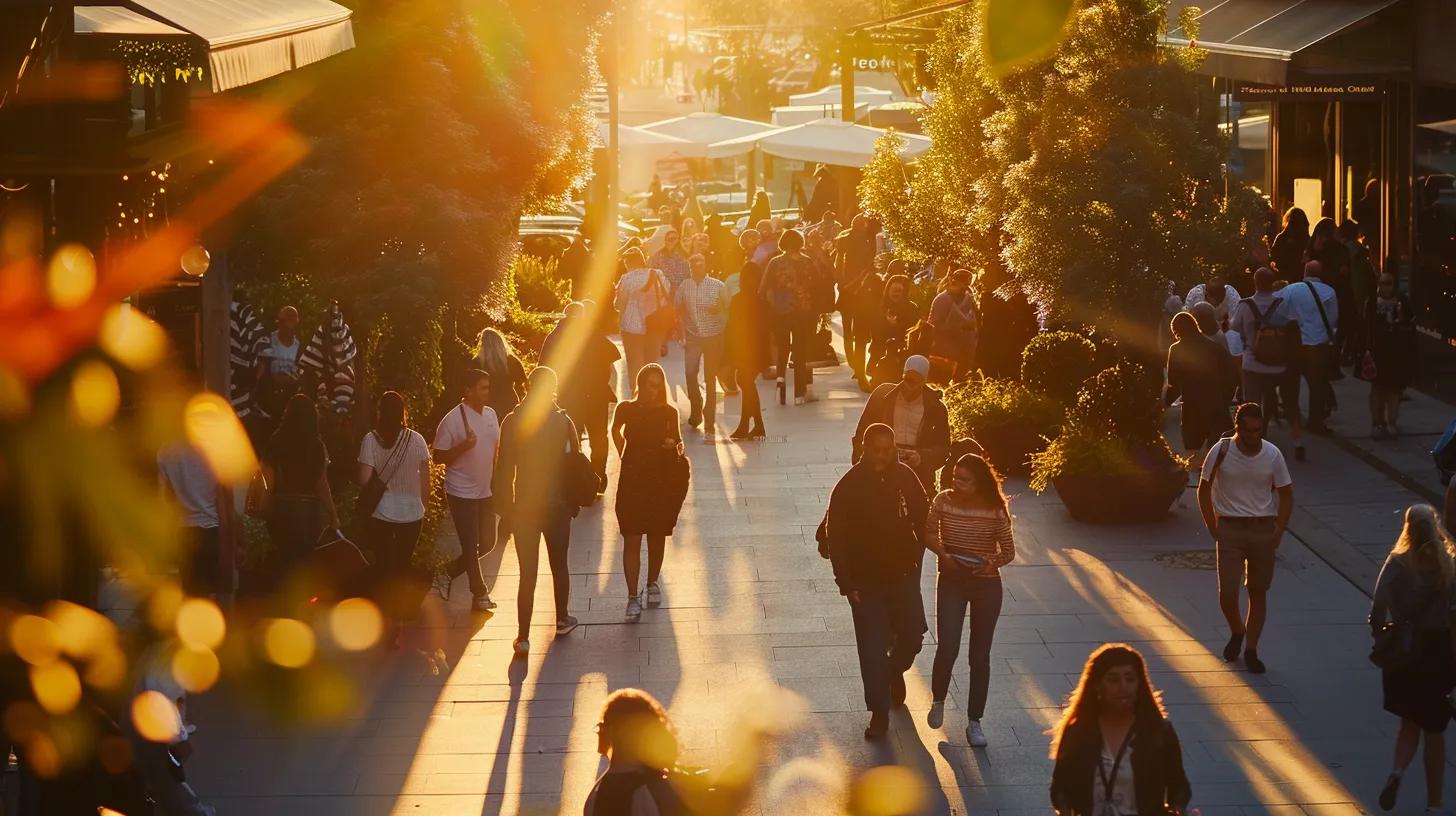 a vibrant, bustling urban scene captures a diverse group of people engaging enthusiastically around a real estate showcase, illuminated by warm sunset light, symbolizing the dynamic promotion of a real estate blog.