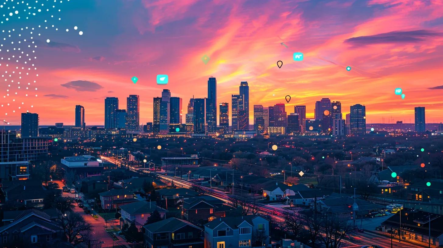 a vibrant city skyline at sunset serves as a backdrop for a dynamic digital marketing scene, where social media icons and email notifications burst forth in glowing colors, symbolizing the energetic promotion of a real estate blog.