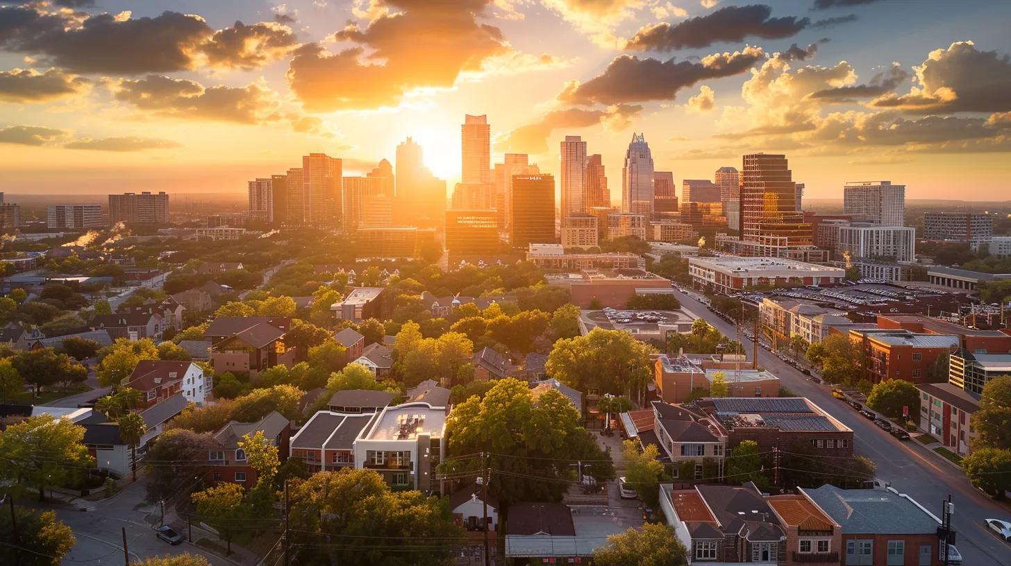 a vibrant city skyline at sunset showcases a mix of modern and traditional properties, reflecting diverse rental yields and investment potential against a backdrop of warm, glowing light that symbolizes opportunities in real estate.