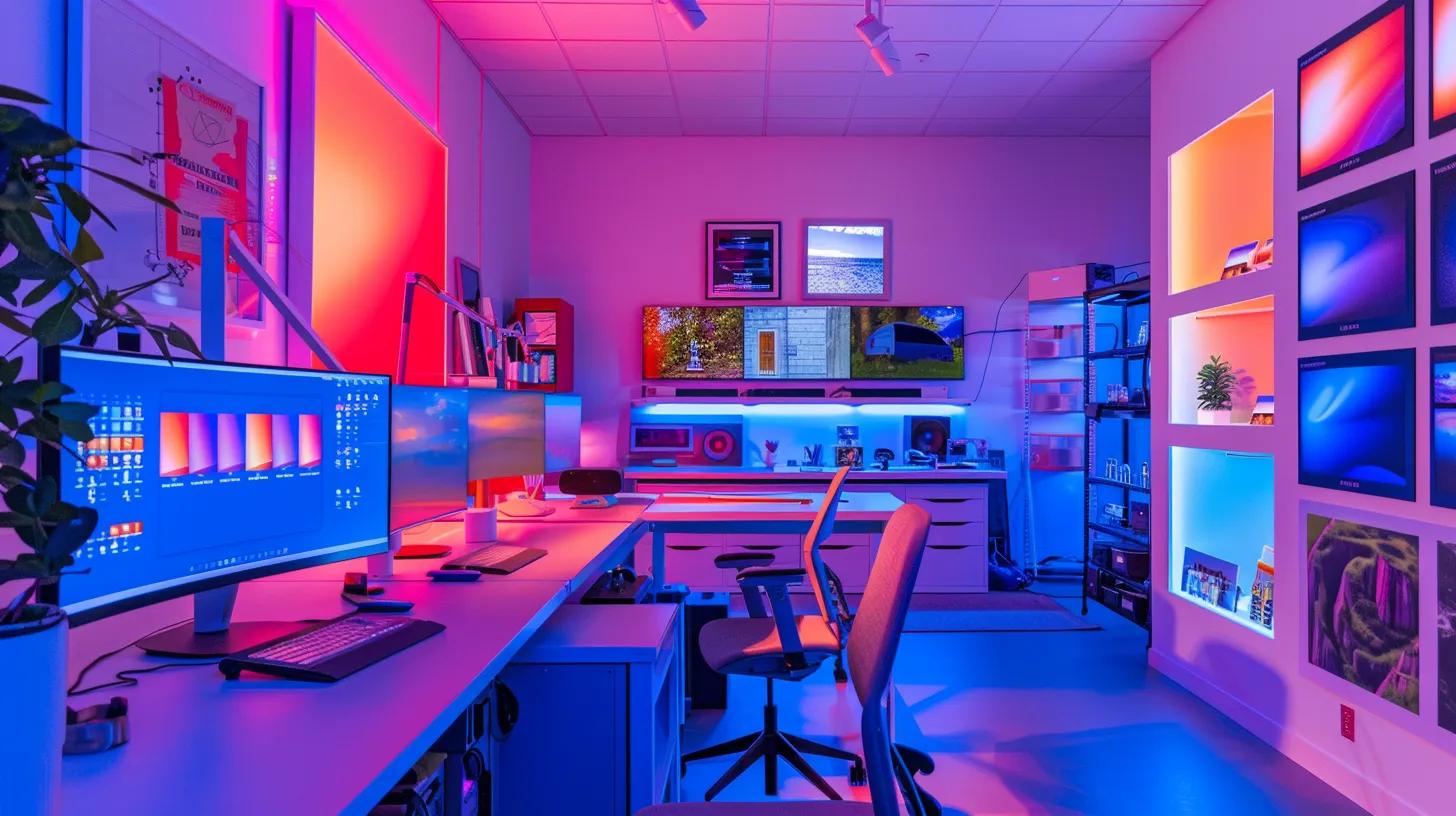 a vibrant digital marketing workspace features bold color palettes strategically arranged on monitors and design boards, symbolizing the powerful influence of color psychology on real estate branding and user engagement.