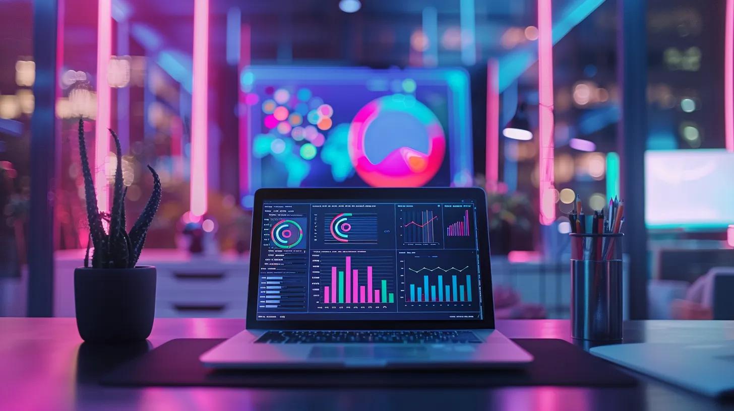 a vibrant, high-tech workspace showcases a sleek laptop displaying mobile seo analytics, surrounded by futuristic devices and colorful graphs that symbolize data-driven strategies for enhancing mobile user engagement.