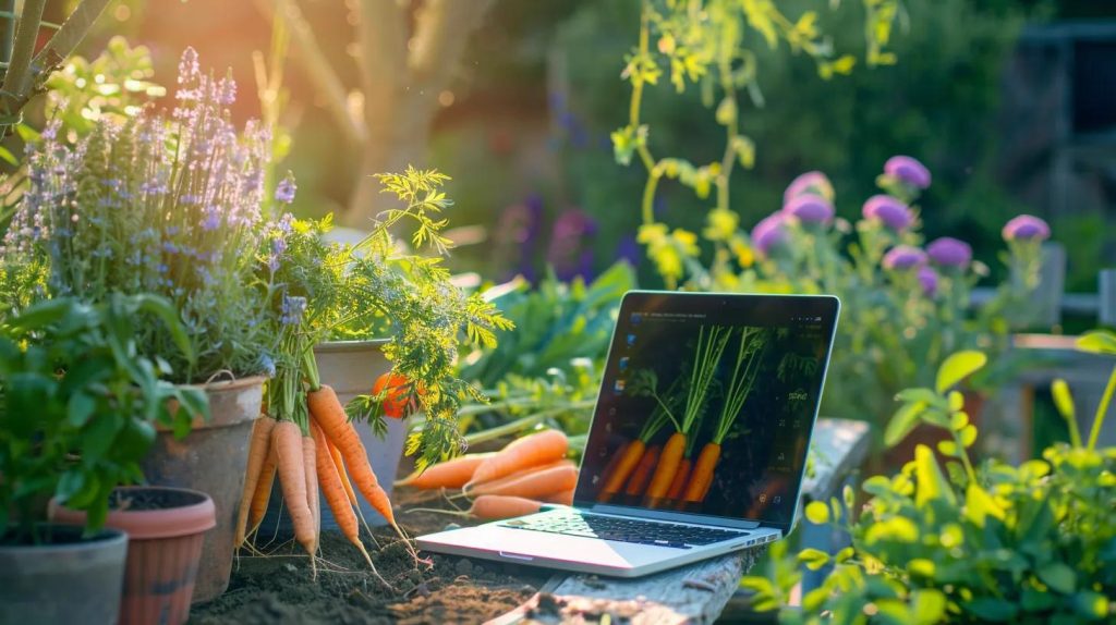 a vibrant, inviting blog interface is displayed on a sleek laptop, surrounded by colorful, fresh carrots and a lush garden setting, symbolizing the connection between strategic content and enhancing property leads.