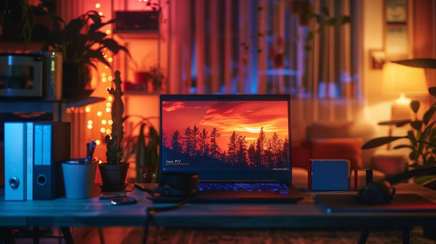 a vibrant laptop screen illuminated by warm light displays a captivating blog interface, set against a cozy, inviting workspace that exudes creativity and engagement.