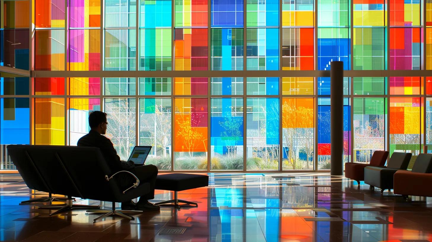 a vibrant, modern office space filled with analytical charts and financial graphs, showcasing a focused individual examining data on a sleek laptop, illuminated by soft natural light streaming through large windows.