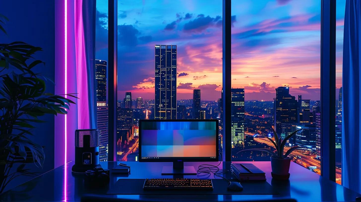 a vibrant, modern real estate office illuminated by natural light, featuring a sleek computer screen displaying engaging on-page seo strategies with a backdrop of dynamic cityscape views, symbolizing digital success in the real estate market.