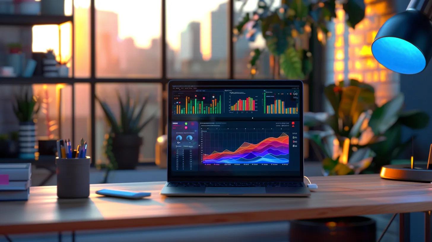 a vibrant, modern workspace featuring a sleek laptop displaying a colorful analytics dashboard, illuminated by soft, natural light filtering through a large window, emphasizes the theme of conducting a mobile seo audit.