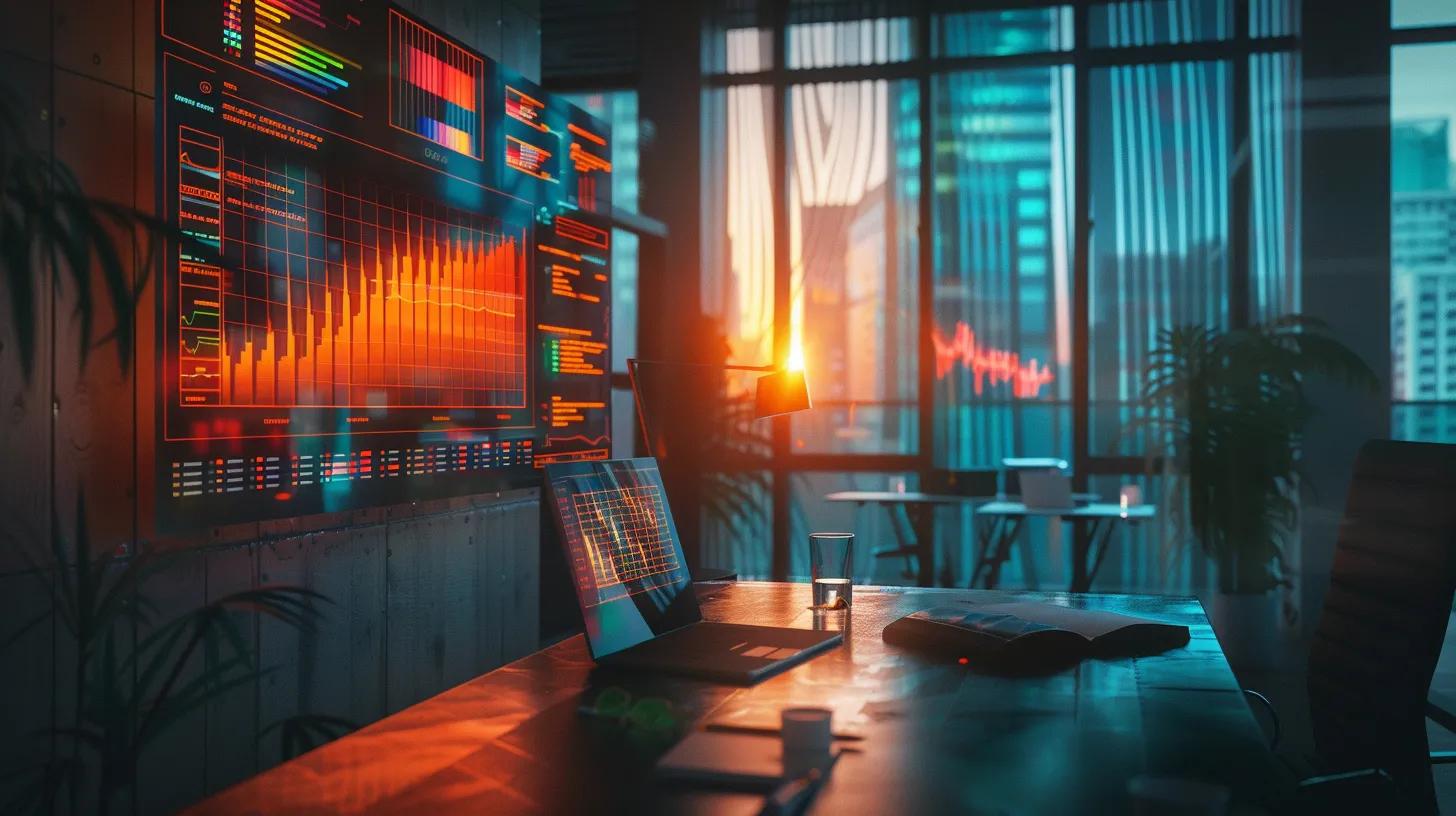 a vibrant, modern workspace filled with an array of colorful graphs and charts, showcasing the dynamic process of keyword research and seo strategy implementation for real estate blogging, illuminated by natural light streaming through large windows.