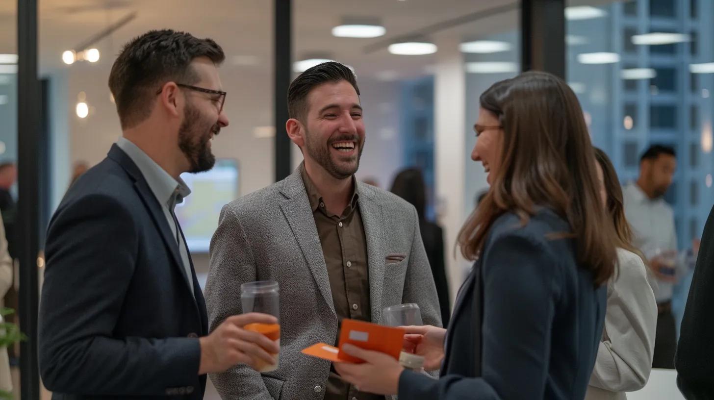 a vibrant networking event bustling with real estate professionals exchanging innovative business cards, illuminated by warm lighting that highlights enthusiastic conversations and dynamic interactions.