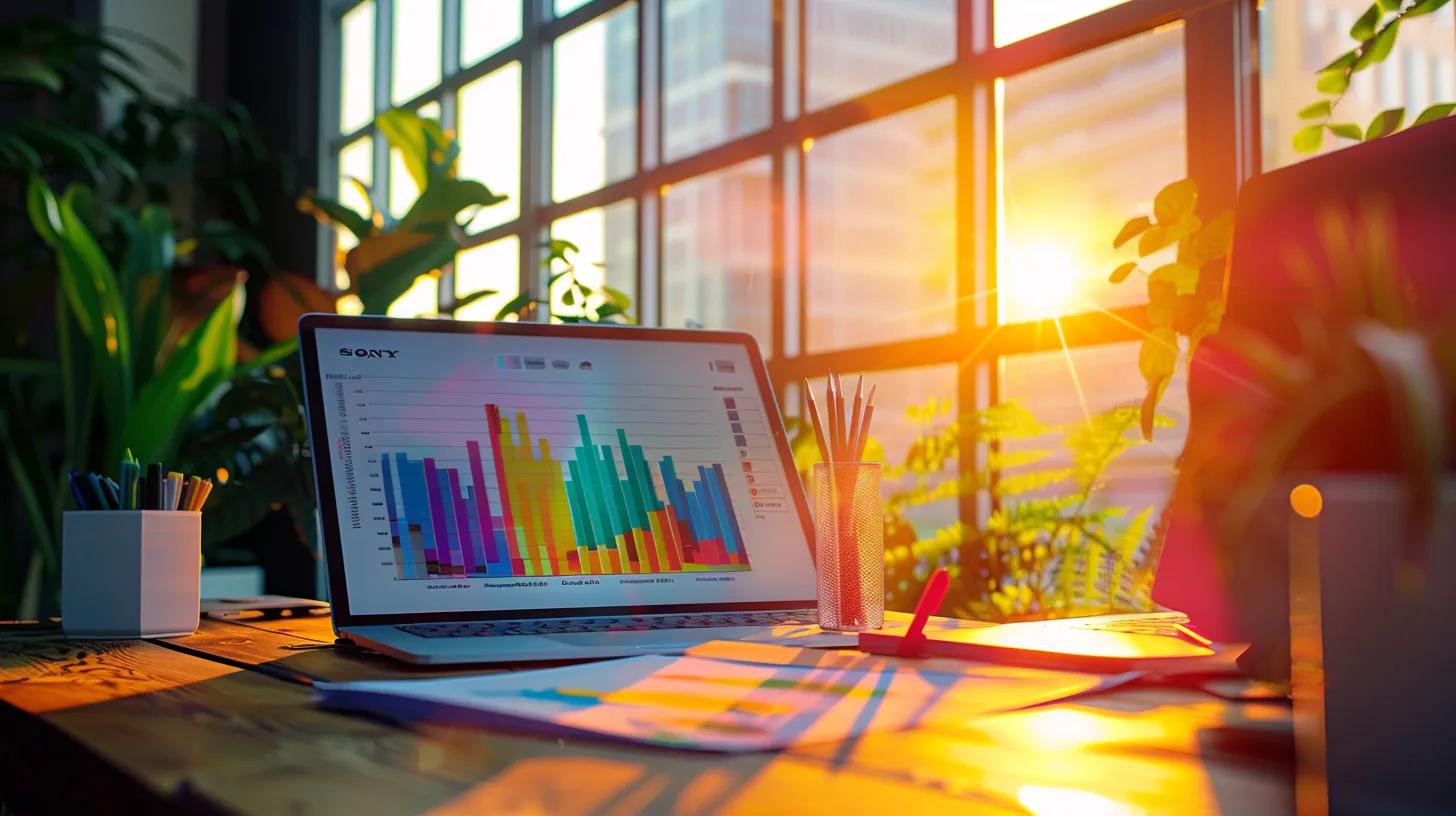 a vibrant office workspace filled with colorful charts and graphs, showcasing a dynamic digital display of email marketing performance analytics, illuminated by soft, natural light streaming through large windows.