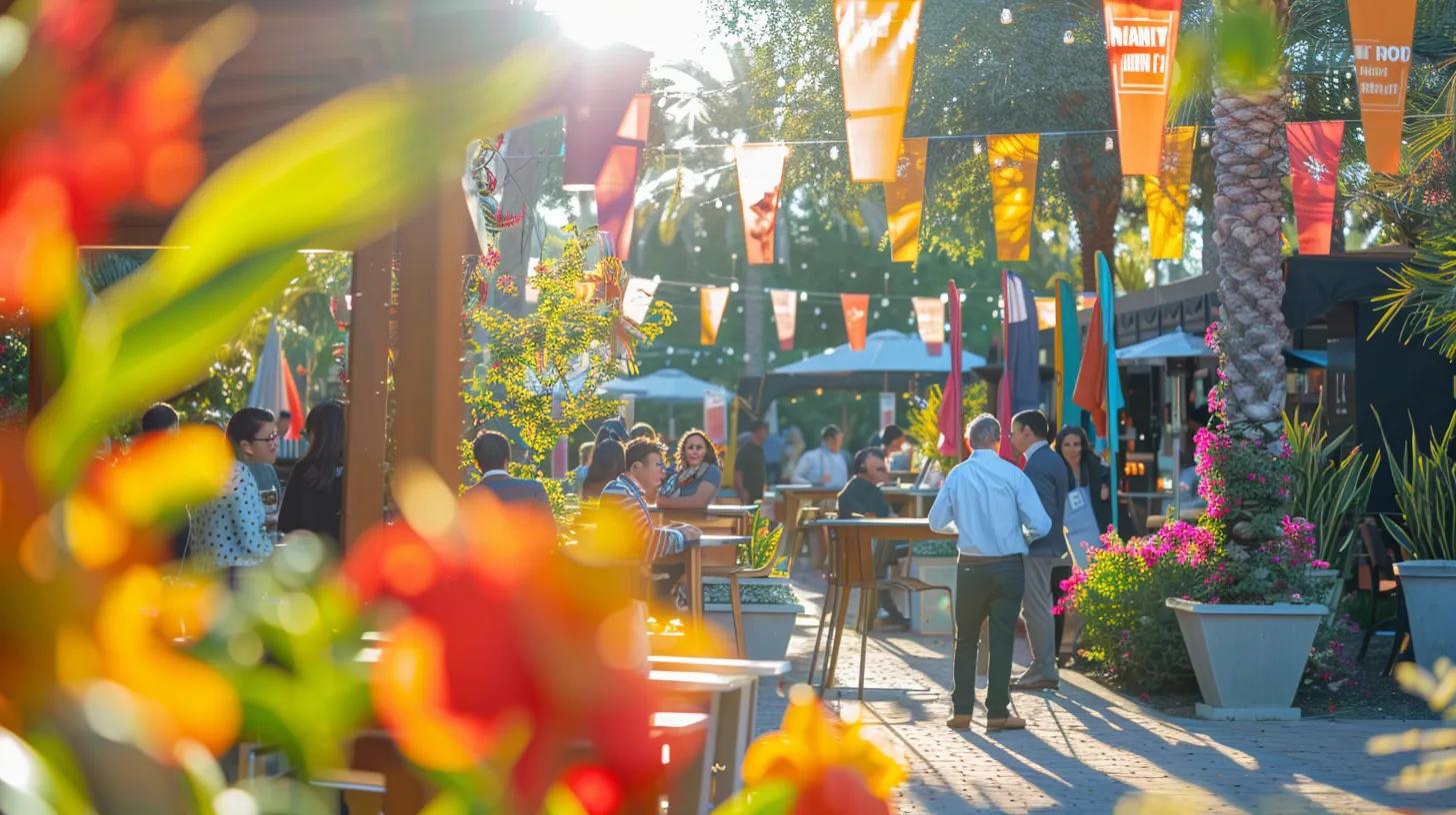 a vibrant outdoor real estate networking event, featuring agents engaging in lively conversations amidst colorful banners and blooming flowers, set under bright, inviting sunlight.