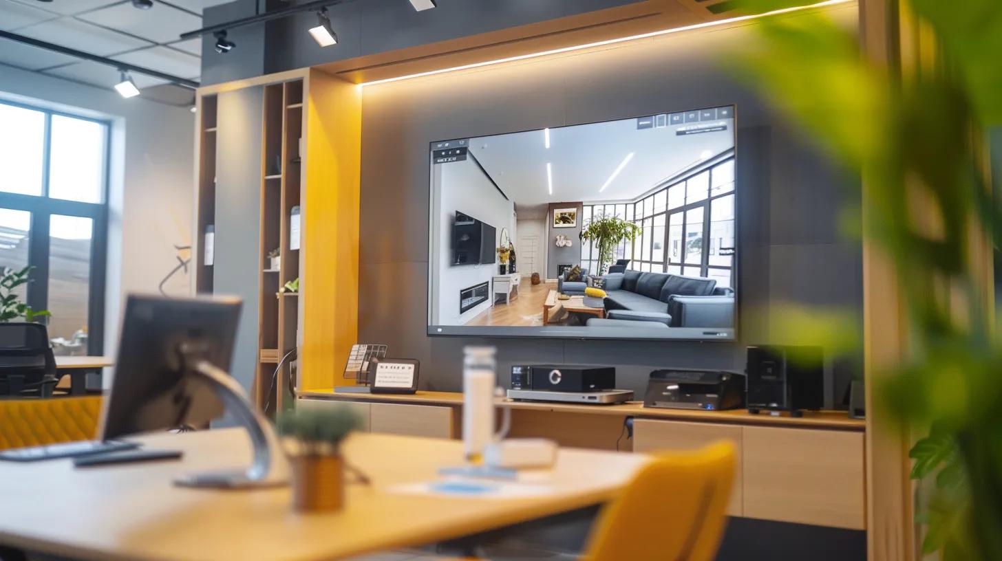 a vibrant real estate office bursts with energy as a sleek, modern video screen displays engaging property tours, highlighting the transformative power of video seo in captivating online audiences.