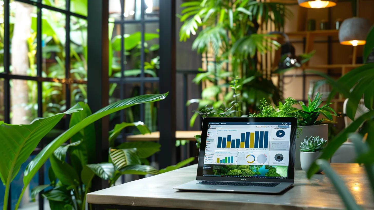 a vibrant scene of a modern office workspace with a sleek laptop displaying an email automation dashboard, surrounded by lush green plants symbolizing growth and nurturing in real estate engagement.