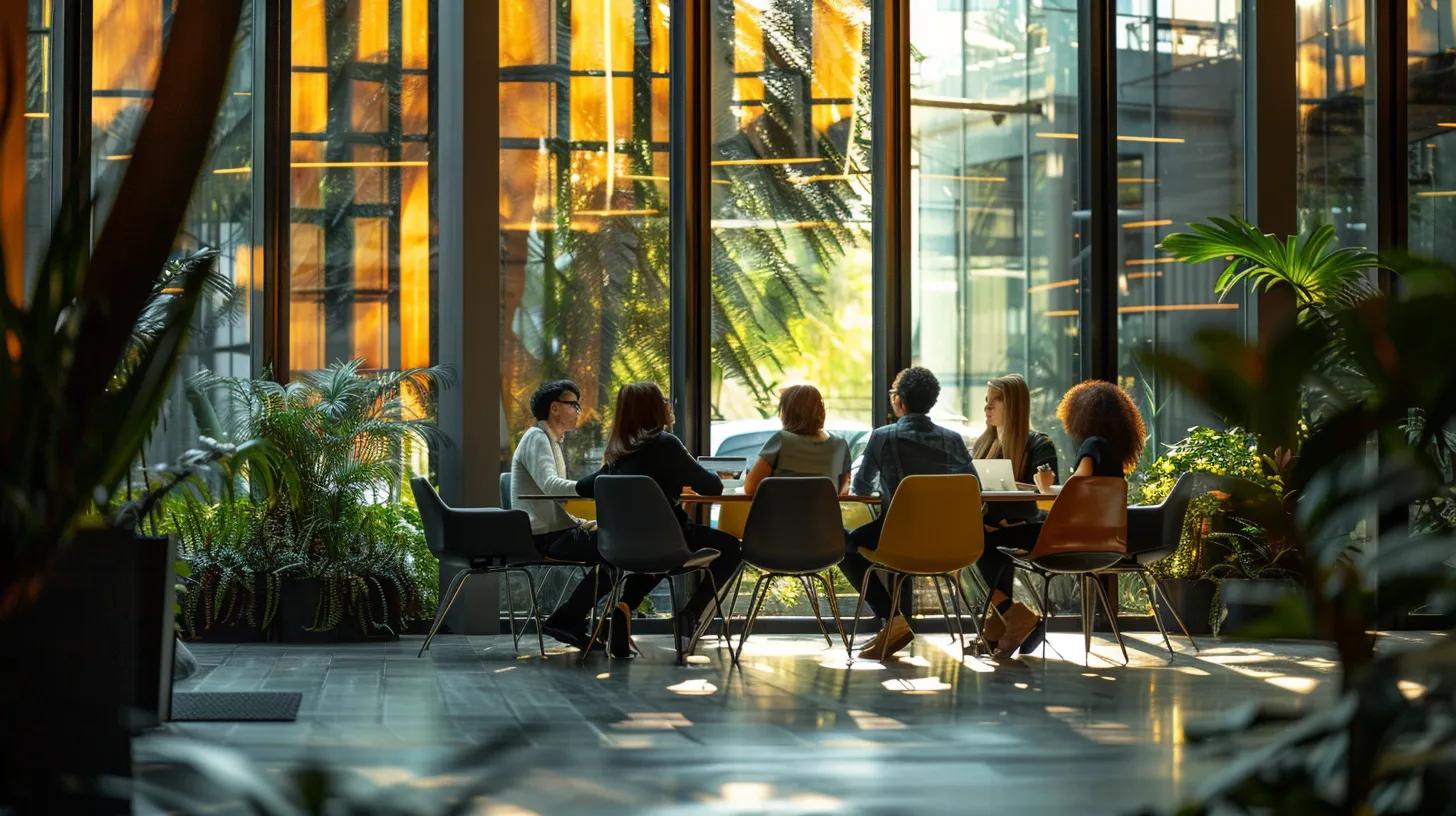 a vibrant, strategic brainstorming session with diverse professionals huddled around a sleek modern table, illuminated by natural light streaming through large windows, symbolizing collaboration and innovation in real estate branding.