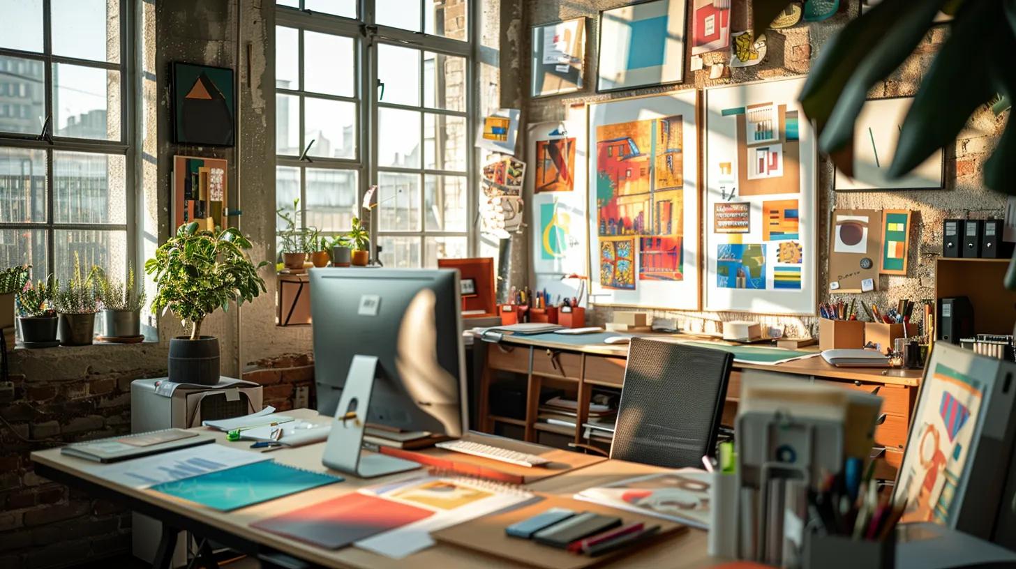 a vibrant studio workspace showcases an engaging mood board filled with colorful design inspirations for a distinctive real estate logo, illuminated by natural light streaming through large windows.