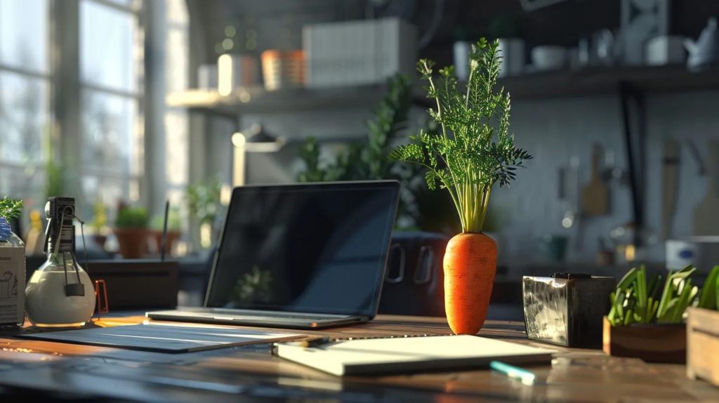 a vibrant, sunlit office space showcasing a sleek desk with an open laptop, a notepad filled with creative ideas, and a potted carrot plant, symbolizing growth and innovation in real estate seo.