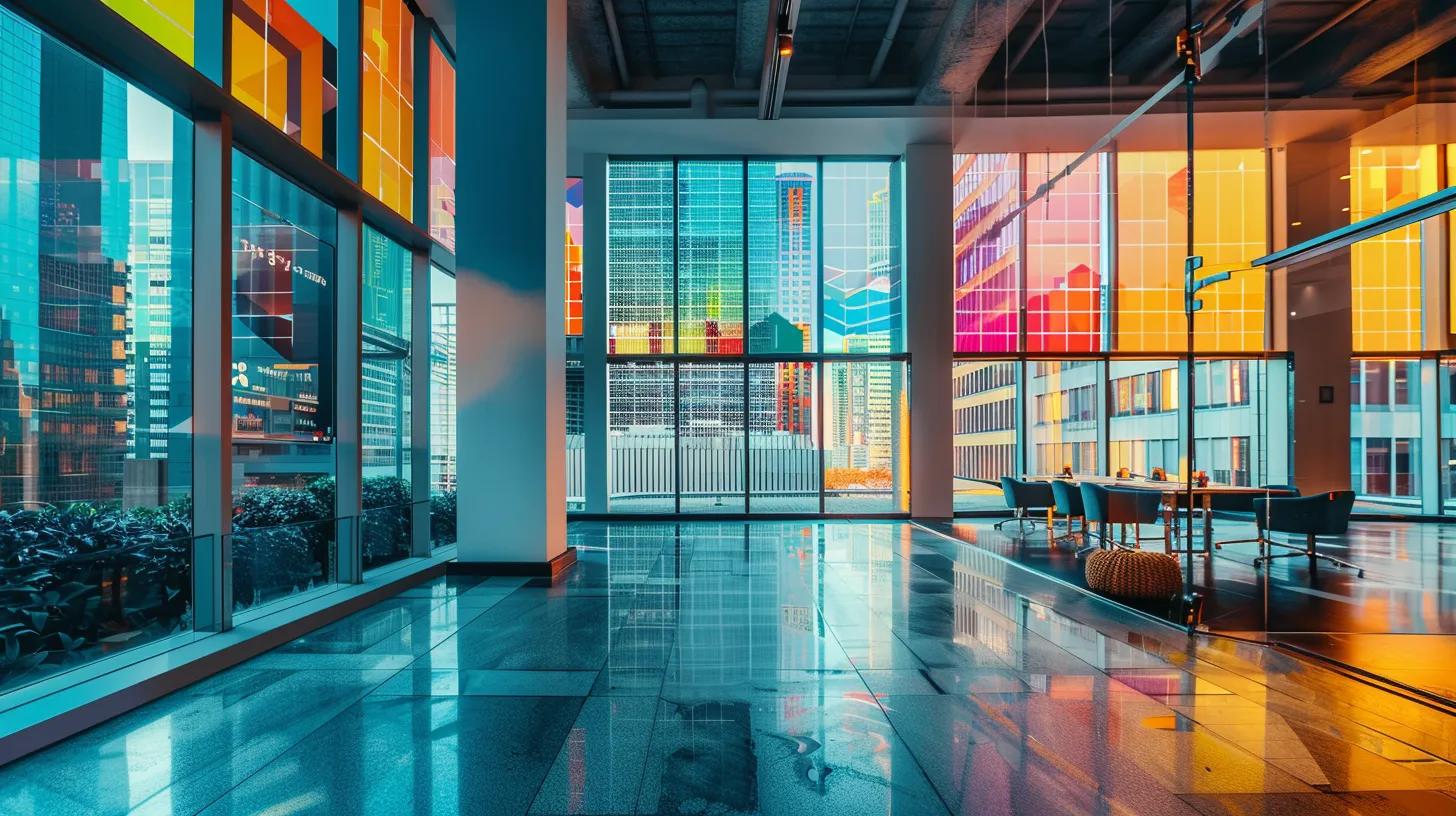 a vibrant urban landscape features a modern real estate office with a large window showcasing dynamic graphs and colorful metrics on a digital screen, symbolizing successful seo tracking and keyword performance in the competitive market.