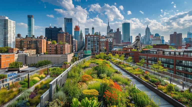 a vibrant urban landscape showcases a modern, eco-friendly building with lush rooftop gardens, symbolizing the innovative fusion of real estate and sustainable living through effective seo strategies.