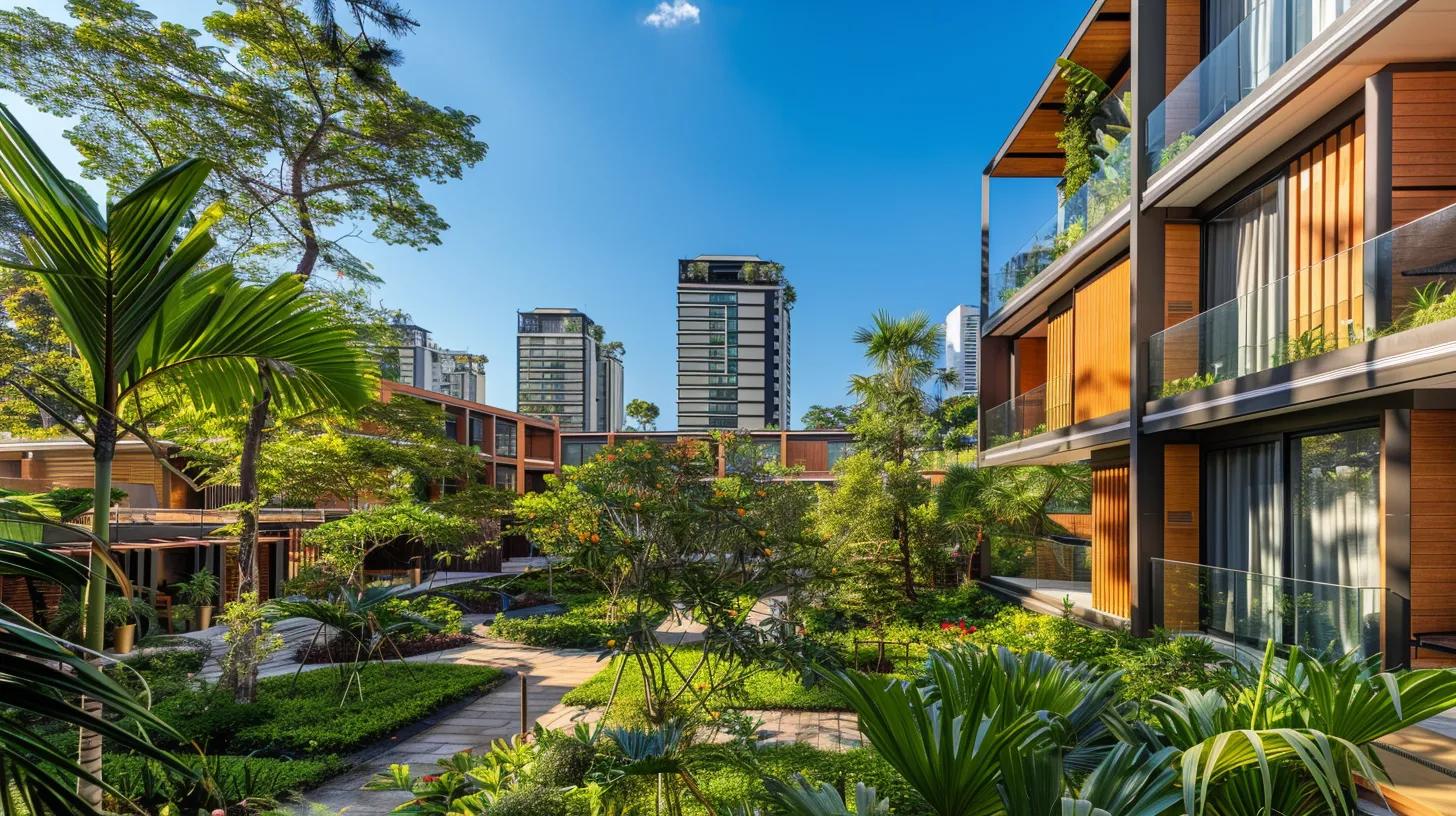 a vibrant urban landscape showcases a modern rental property surrounded by lush greenery, emphasizing its appeal to potential tenants seeking tranquil spaces for remote work.